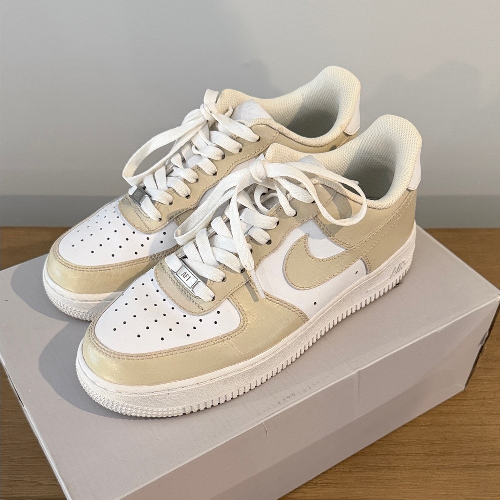 Nike Women's Sneakers in White and Tan custom color. Air Force One.